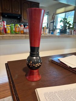 12" High Carved Wood Vase