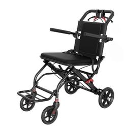 Black Lightweight Foldable Transport Wheelchair, Easy-Fold Design and Secure Locking Brakes Transfer Wheelchairs