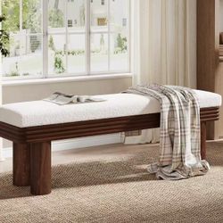 FJ0023 55-Inch Upholstered Entryway Bench, Modern Shoe Bench with Faux Shearling Padded Seat, Upholstered End of Bed Stool for Bedroom, Entrance, Livi