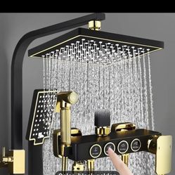 Luxury Black & Golden Shower System - 8"' Rainfall Head, Handheld Spray, 4-Function Tub Faucet, Wall Mount with Brass Valve, Hot & Cold Water Mixer - 