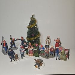Lot of 11 Vtg Lemax Resin Christmas Village People Figurines and One 6.5in Tree