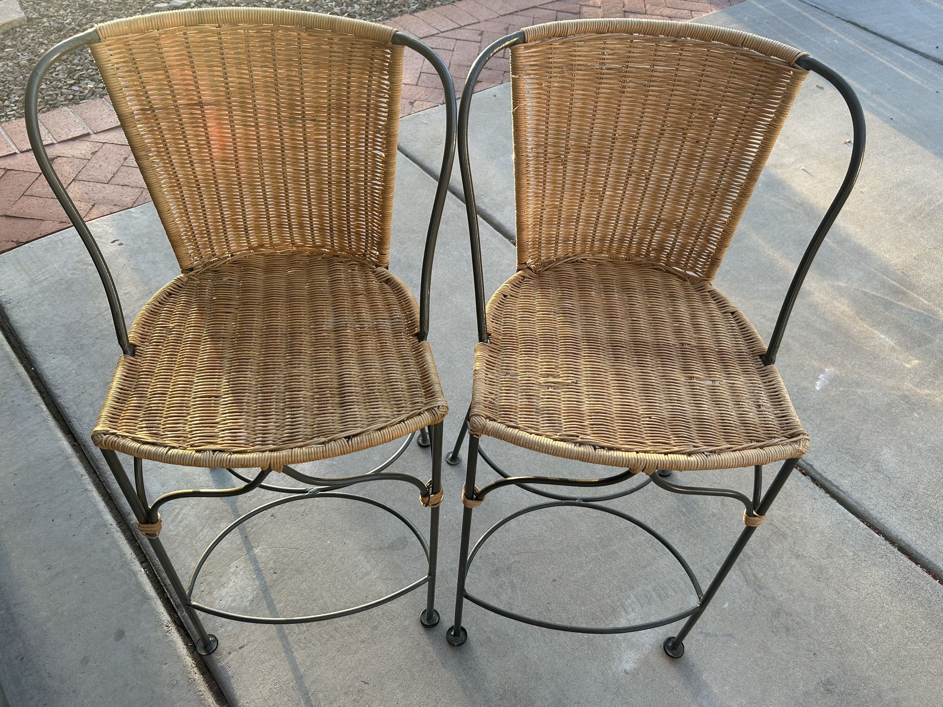 PALECEK WROUGHT IRON & WICKER BAR STOOLS (As a Set)