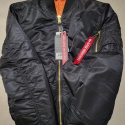 Alpha Industries Black MA-1 Bomber Jacket Size LARGE Slim Fit NEW