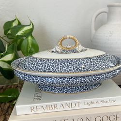 Antique Royal Worcester Blue Gilt Covered Serving Bowl Tureen Pattern Porcelain Centerpiece Cottagecore Grandmillial 