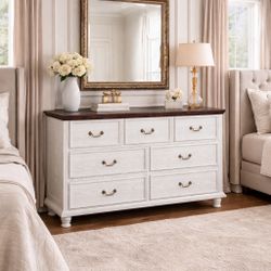 Dresser For Bedroom With 7 Drawers, 54" Wide Modern Chest Of Drawers With Hidden Jewellery Drawer, Solid Wood Legs, Storage Dressers Organizer For Liv