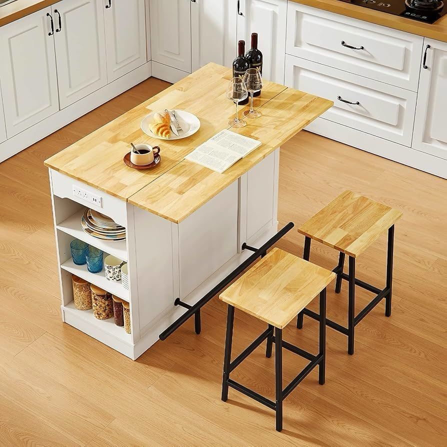 Stationary Kitchen Islands Include 2 Chairs, 47" Kitchen Island with Drop Leaf, Home Bar Table with Spice Rack & with Trash Cabinet, Island