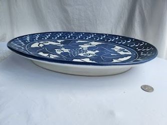 Large Cobalt Blue & White Ceramic Platter / Serving Tray – Grape Pattern