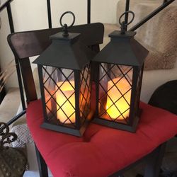 Vintage Large Lantern w.Led Candle-Timer-Battery-Set Of 2-Like New!