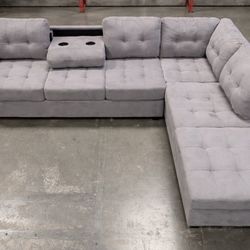 112” Gray Suede Sectional w/ Chaise + FREE Ottoman – $200