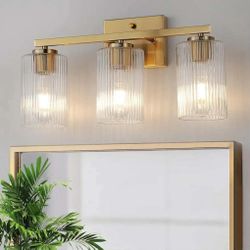 1019: New 3 Light Brushed Gold Bathroom Vanity Light Over Mirror, Modern Vanity Lighting with Texture Glass Shade, Wall Mount Bathroom Light Fixtures,