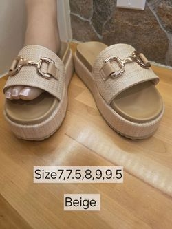 New Coutgo Women's Raffia Platform Sandals With Metal Chain Open Toe, Cute Slip-On Beach Sandals