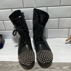 STEVE MADEDEN BLACK LEATHER STUDDED LACE FRONT SIDE ZIP BOOTS WOMEN'S 8.5
