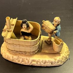 RARE PREWAR HANDMADE JAPANESE  STATUE OF LADY TAKING A BATH TOPLESS WITH MAN HELPING WITH THE WATER MADE WITH CELLULOID 
