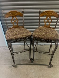 Set of 2 Ornate Bar Stools with Upholstered Seats