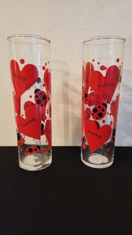 Pair Retro Red Heart Tumblers Love Bug Ladybug Deco