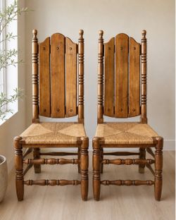 Pair of Artisan Wood + Rush Seat Chairs — Spanish-Inspired Statement Dining / Accent Chairs