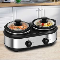 Double Slow Cooker, Buffet Servers and Warmers, Dual 2 Pot Slow Cooker Food Warmer, Adjustable Temp Dishwasher Safe Removable Ceramic Pot Glass Lid, 2