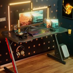 New 44 inch Computer Desk Gaming Desk Table Z Shaped PC Gaming Workstation Home Office Desk Surface Cup Holder & Headphone Hook (Carbon Fiber Black), 