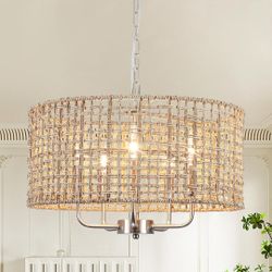 18.9in Rattan Chandelier 5-Light Boho Pendant