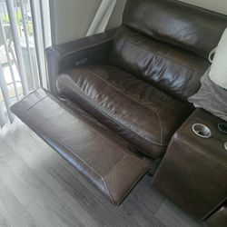 Brown Leather Power Reclining Sectional Sofa with Console