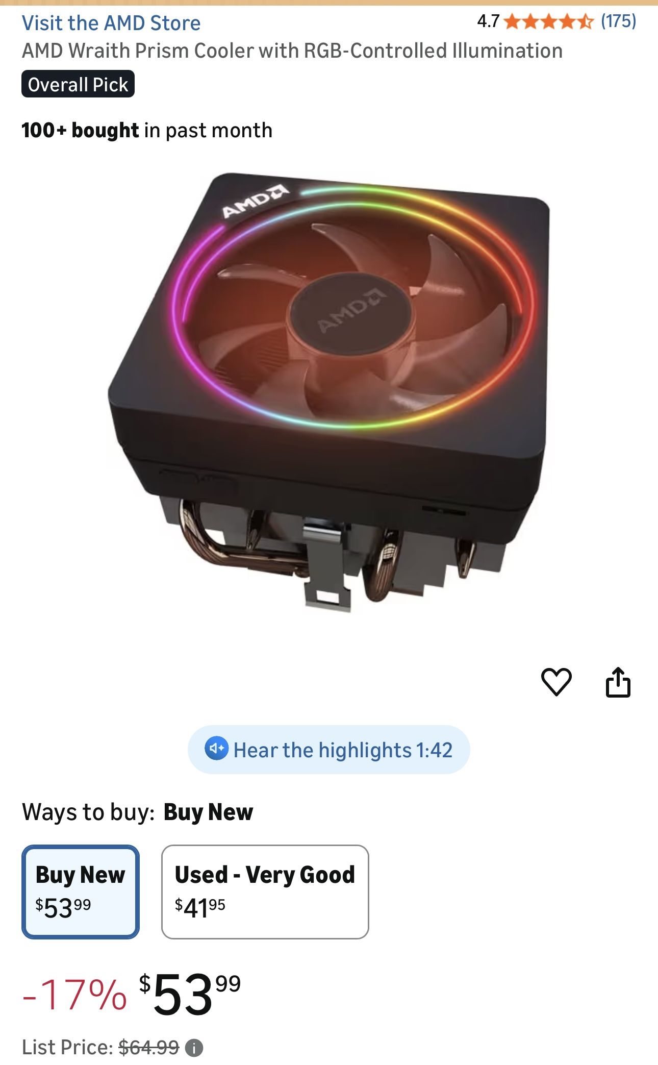 AMD Wraith Prism Cooler with RGB-Controlled Illumination 