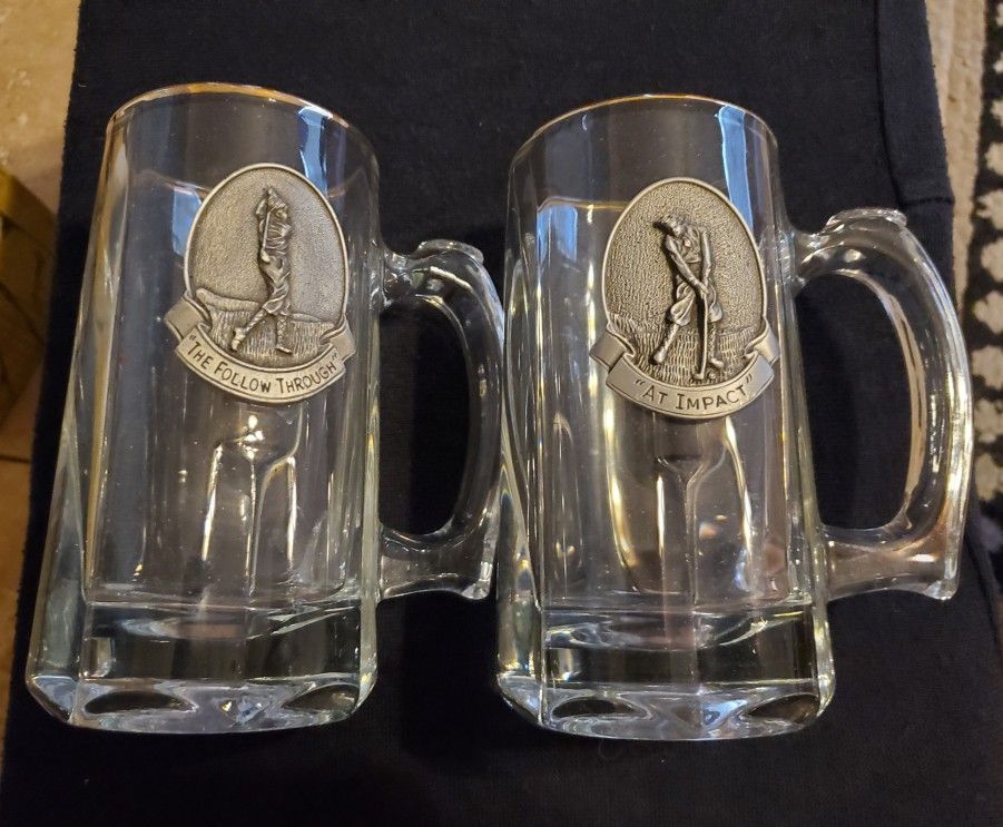 2 Vintage Glass Pewter Golf Mugs