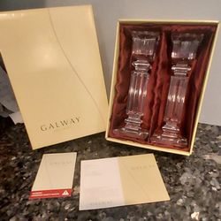 Galway Irish Crystal Column Candlesticks Pair Dinner Table Elegant 7" Box
