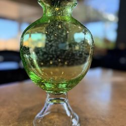 Vintage Hand Blown Green Bubble Glass Pedestal Vase – 12” Art Glass Compote