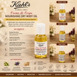 Kiehl’s Creme de Corps Nourishing Dry Body Oil – Travel Size 1.4 fl oz / 40 ml | Lightweight Hydrating Body Oil