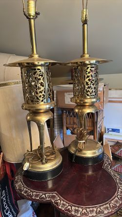 Hollywood Regency oldAsian brass lantern lamps mid century
