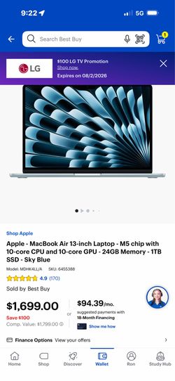 Like New Apple - MacBook Air 13-inch Laptop - M5 chip with 10-core CPU and 10-core GPU - 24GB Memory - 1TB SSD - Sky Blue