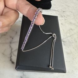 925 Sterling Silver Genuine Amethyst Adjustable Lariat Bracelet, Marked 925 FAS , Will Fit Up To 9.5, Gemstone Tested In Photos