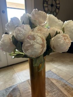 Lot of Silk Sugar Peonies and 3 Gold Bamboo Lacquerware Vases