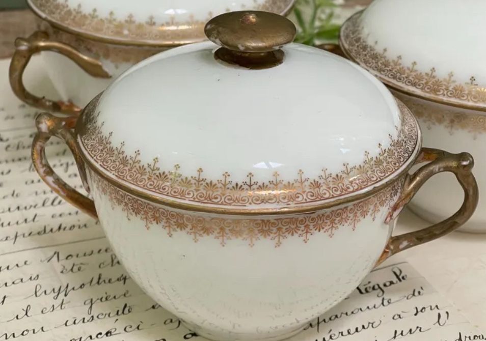 French D & C co filigree border Limoge bouillon bowls with lid,