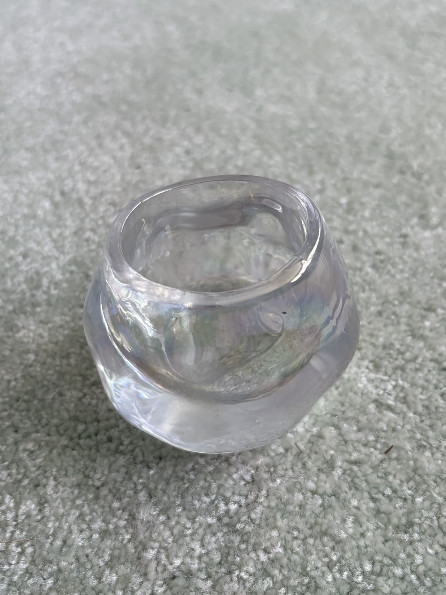 Iridescent Glass Candle Holder Carnival Glass With A Round Irregular Shape, 2.5” Tall
