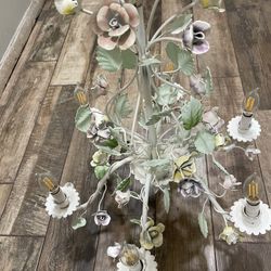 Vintage Italian French Tole 5 Light Chandelier Leaf Metal Flowers Roses Chic