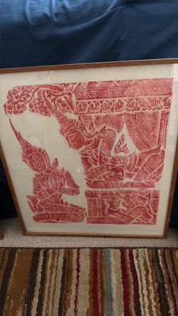 Vintage Mid-Century Framed Thai Temple Rubbings on Rice Paper - Set of 3 (Red, Blue, Green)