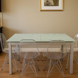 Modern Glass Dining Table with 4 Clear Chairs – Expandable