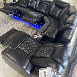 LH 👉$39 Down Payment  For Financing 👉Orion Black Leather Power Reclining Sectional Couch Home Theater Movie Seating 