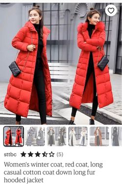 NEW Women's Long Red Puffer Coat with Fur Hood