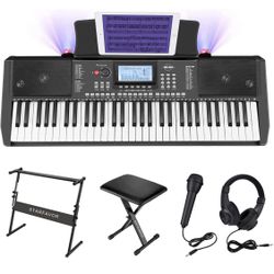 Starfavor 61 Key Electronic Keyboard Piano with LCD Display, Portable Electric Music Piano for Beginners Professions, include Z-style Stand, Bench, Mi