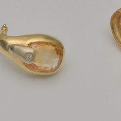 18K Solid Yellow White Gold Omega French Back Topaz and Diamond Earrings