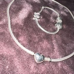Pandora Necklace And Bracelet With Two Charms And Butterfly Clasp
