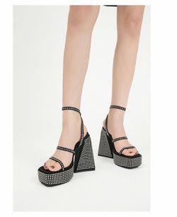 Women's Luxury Rhinestone Platform Sandals Roman Block High Heels Party Shoes, $15