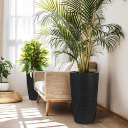Set of 2 Faux Rattan Tall Planters Outdoor Indoor Large Planters with Water Level Monitor Inner Bucket, Automatic Watering, Flower Plant Pots for Gard