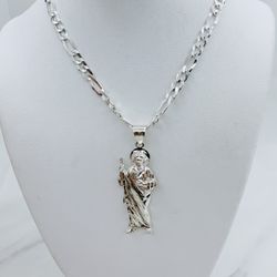 ❤️ 925 Sterling silver pendant Saint Jude & figaro necklace   ❤️ Cadena Y Dije San Judas  Plata 