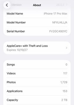 iPhone 17 pro max 2tb blue with Apple care + unlocked