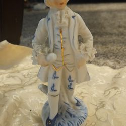 Beautiful Czech Porcelain Male Figurine in all White with Blue Accents
