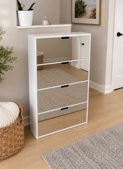 Entryway Slim Shoe Cabinet Freestanding Shoe Rack Storage Organizer w/ Mirror 4 Flip Drawers