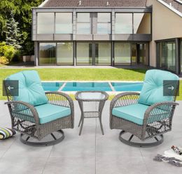3 Pcs Outdoor Wicker Swivel Chair Set With Coffee Table And Cushions